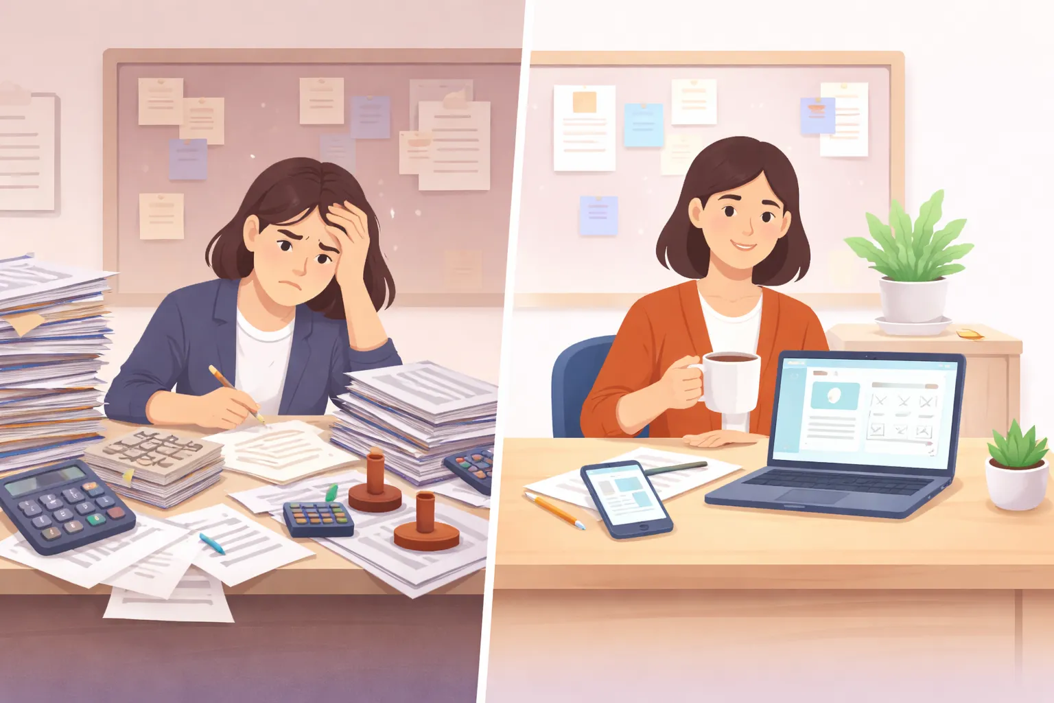 紙とハンコの山から、ノートPCとスマホだけのスッキリしたデスクへ